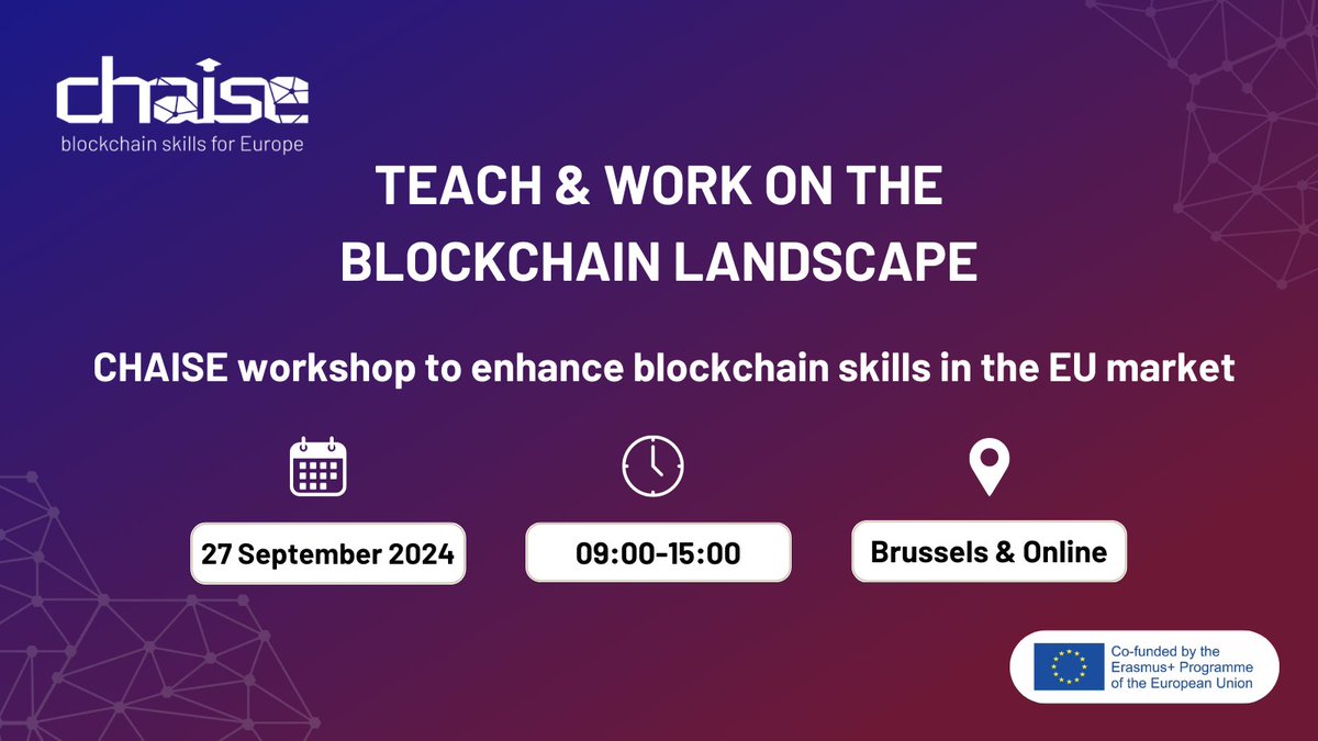 🚀 Save the Date! 

The CHAISE workshop "Teach and Work on the Blockchain Landscape" is coming soon!

📅 27 Sep 2024, 09:00 - 15:00
📍 Brussels &amp; Online
🔗 Register now: chaise-blockchainskills.eu/chaise-worksho…

#BlockchainSkills #Blockchain #education