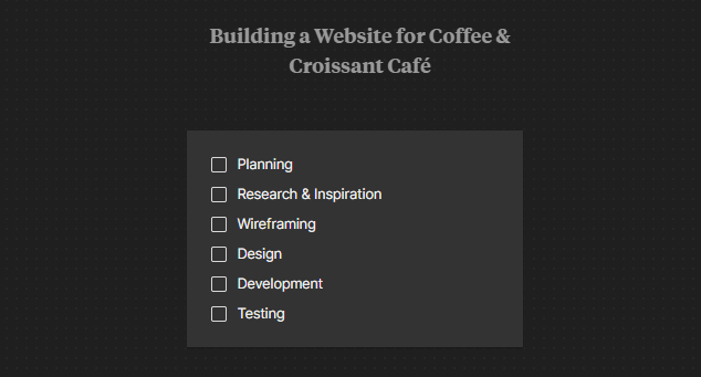 Abuhuraira0703's tweet photo. Here’s my process for developing the café template:
1️⃣ Planning
2️⃣ Research &amp; Inspiration
3️⃣ Wireframing
4️⃣ Design
5️⃣ Development
6️⃣ Testing
Stay tuned for updates as I work through each step! 🚀

#webdevelopment #design #SoftwareDev #DevDiscuss #CodeNewbies #100DaysOfCode #learn https://t.co/tUXo9JqVhE