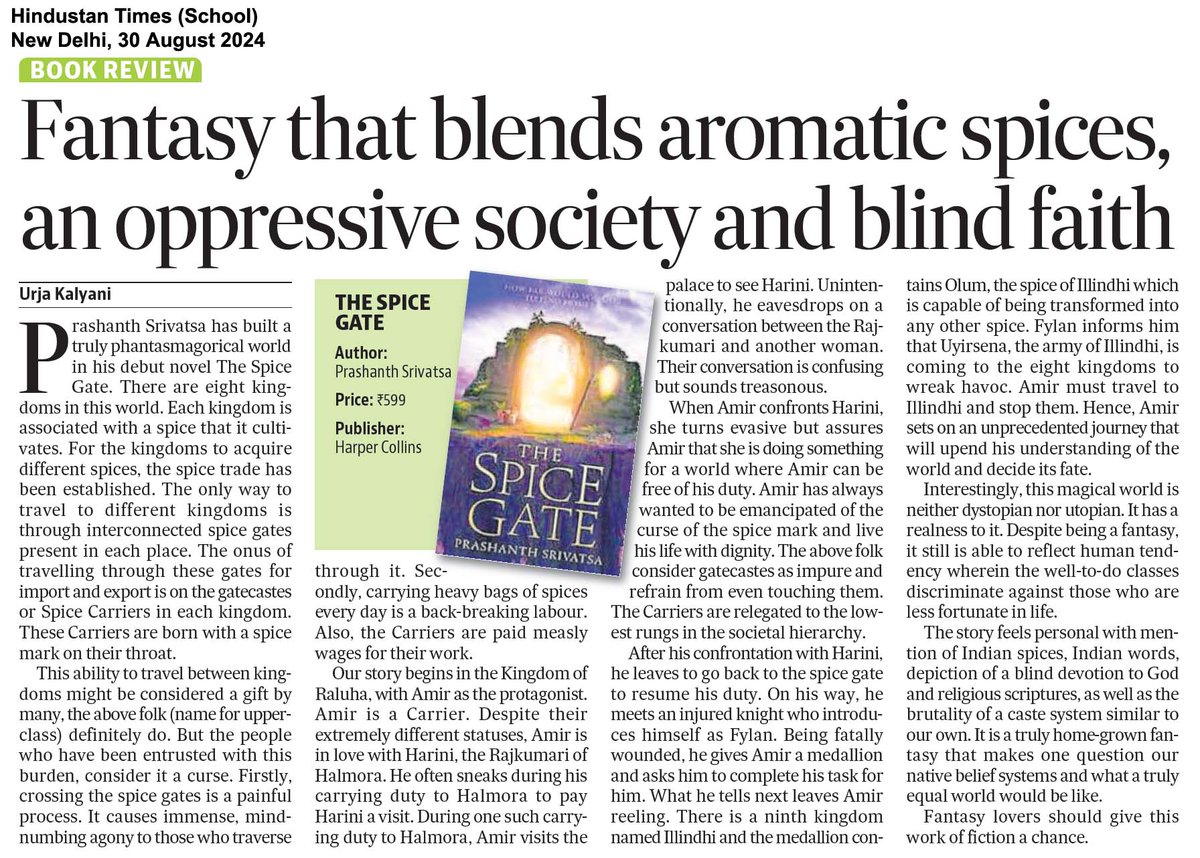 HarperCollinsIN's tweet photo. ‘Despite being a fantasy, it still is able to reflect human tendency wherein the well-to-do classes discriminate against those who are less fortunate in life’.

@htschooltweets reviews the riveting fantasy #TheSpiceGate by author Prashanth Srivatsa (@prashatsa).

#READWithHarperCollins