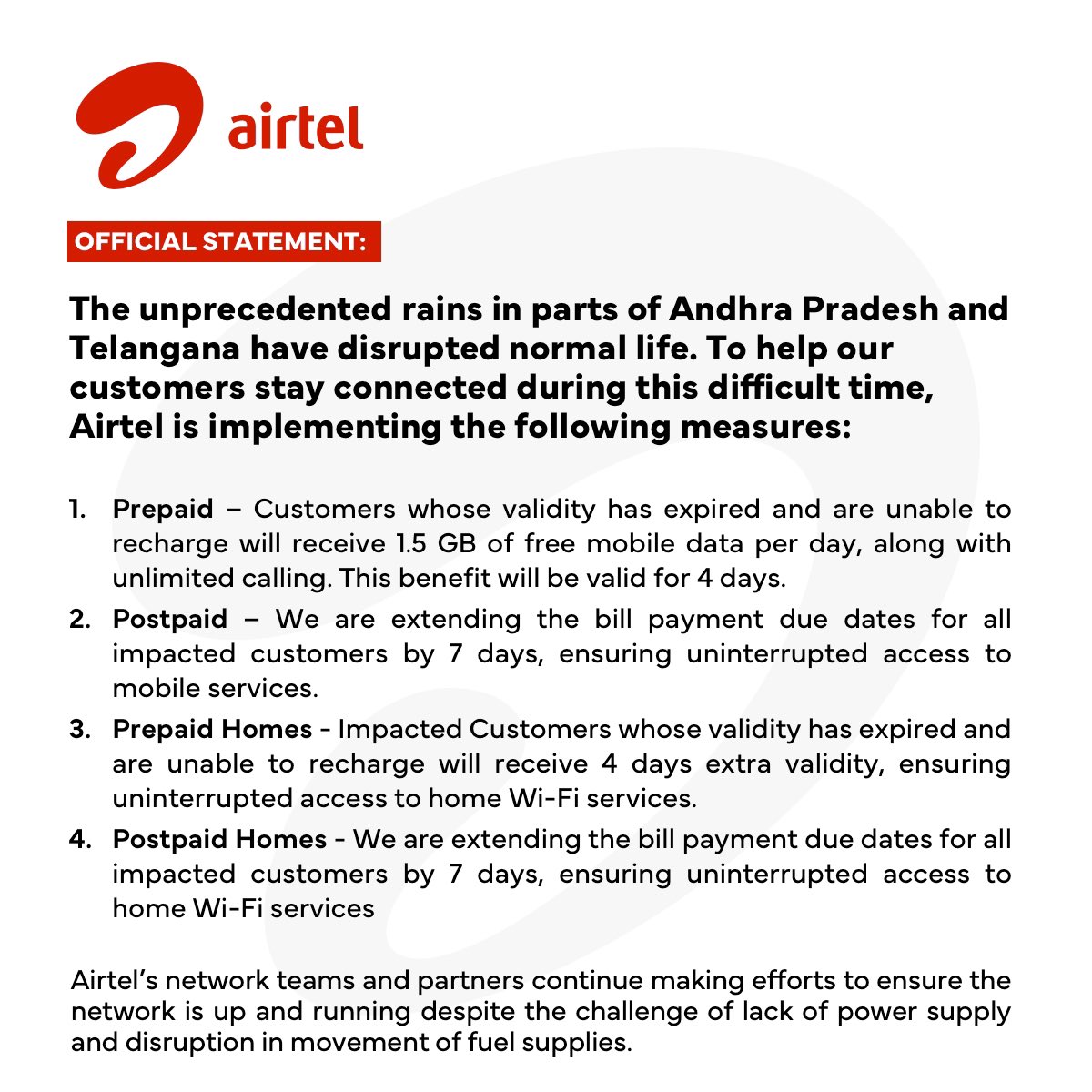 Bharti Airtel (@airtelnews) on Twitter photo To help customers in Andhra Pradesh and Telangana stay connected during the region's unprecedented rains, Airtel is taking the following measures.
<a href="/JM_Scindia/">Jyotiraditya M. Scindia</a> To help customers in Andhra Pradesh and Telangana stay connected during the region's unprecedented rains, Airtel is taking the following measures.
<a href="/JM_Scindia/">Jyotiraditya M. Scindia</a>