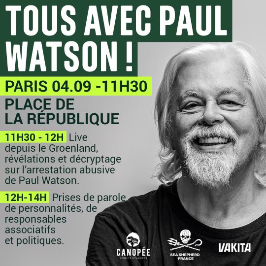 Canopée Forêts Vivantes (@canopee_asso) on Twitter photo 🚨C’est demain !
Venez nous retrouver dès 11:30 pour les révélations et le décryptage de l’arrestation de Paul Watson place de la République !
Nous y serons notamment avec <a href="/CamilleEtienne_/">CamilleEtienne</a> , <a href="/hugoclement/">Hugo Clément</a> , <a href="/cdion/">Cyril Dion</a> , <a href="/TWIT4SHKPNK/">SHAKAPONK</a> , Allain Bougrain-Dubourg de la <a href="/LPOFrance/">LPO France</a> , 🚨C’est demain !
Venez nous retrouver dès 11:30 pour les révélations et le décryptage de l’arrestation de Paul Watson place de la République !
Nous y serons notamment avec <a href="/CamilleEtienne_/">CamilleEtienne</a> , <a href="/hugoclement/">Hugo Clément</a> , <a href="/cdion/">Cyril Dion</a> , <a href="/TWIT4SHKPNK/">SHAKAPONK</a> , Allain Bougrain-Dubourg de la <a href="/LPOFrance/">LPO France</a> ,