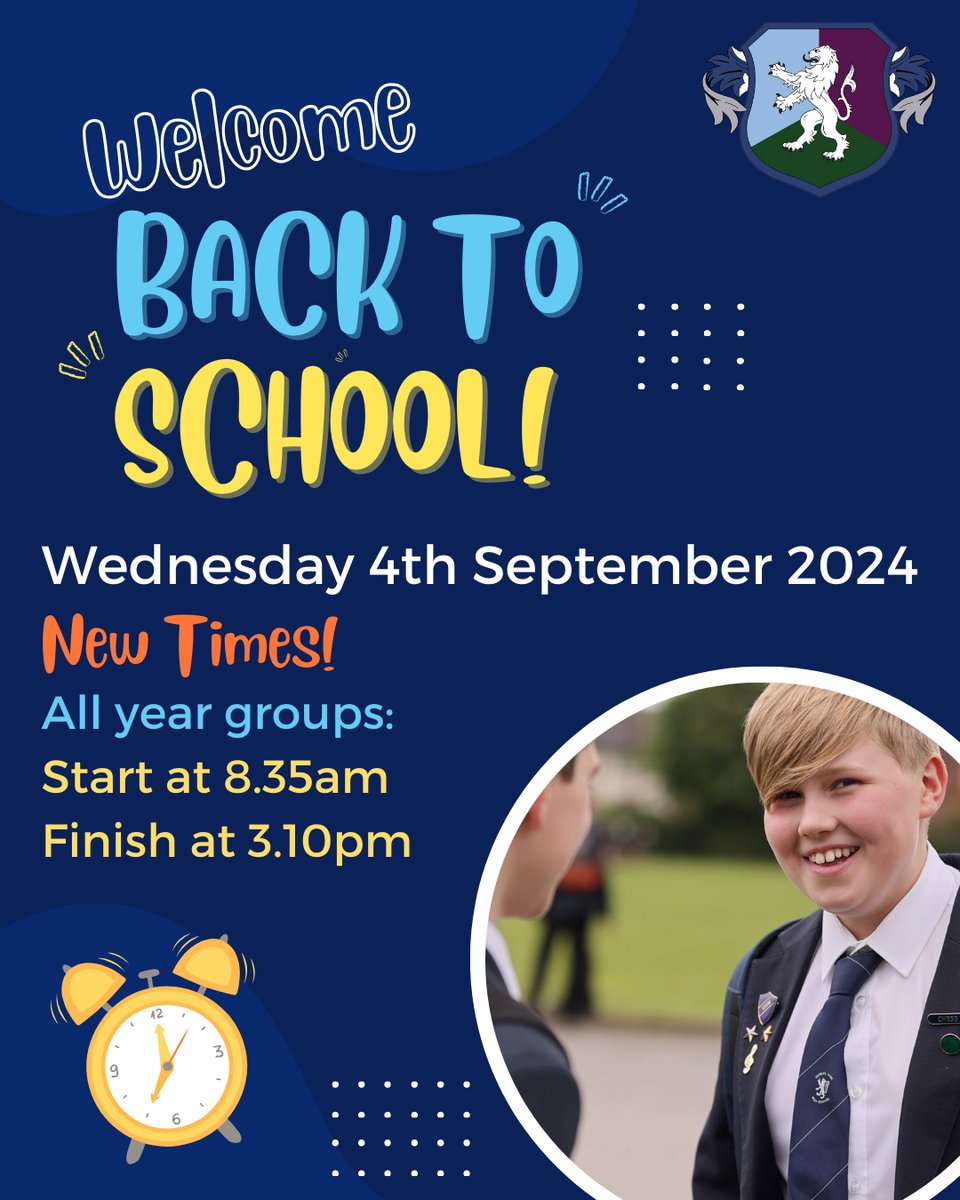 qphschester's tweet photo. We’re #backtoschool ready are you!
Looking forward to welcoming all our fresh faced & eager to go, new & current students to start the new term here at #QPHSChester tomorrow.
Please check out our new school day timings & set that alarm ⏰ #beprepared #excitingtimesahead https://t.co/LSfvKnVHkc