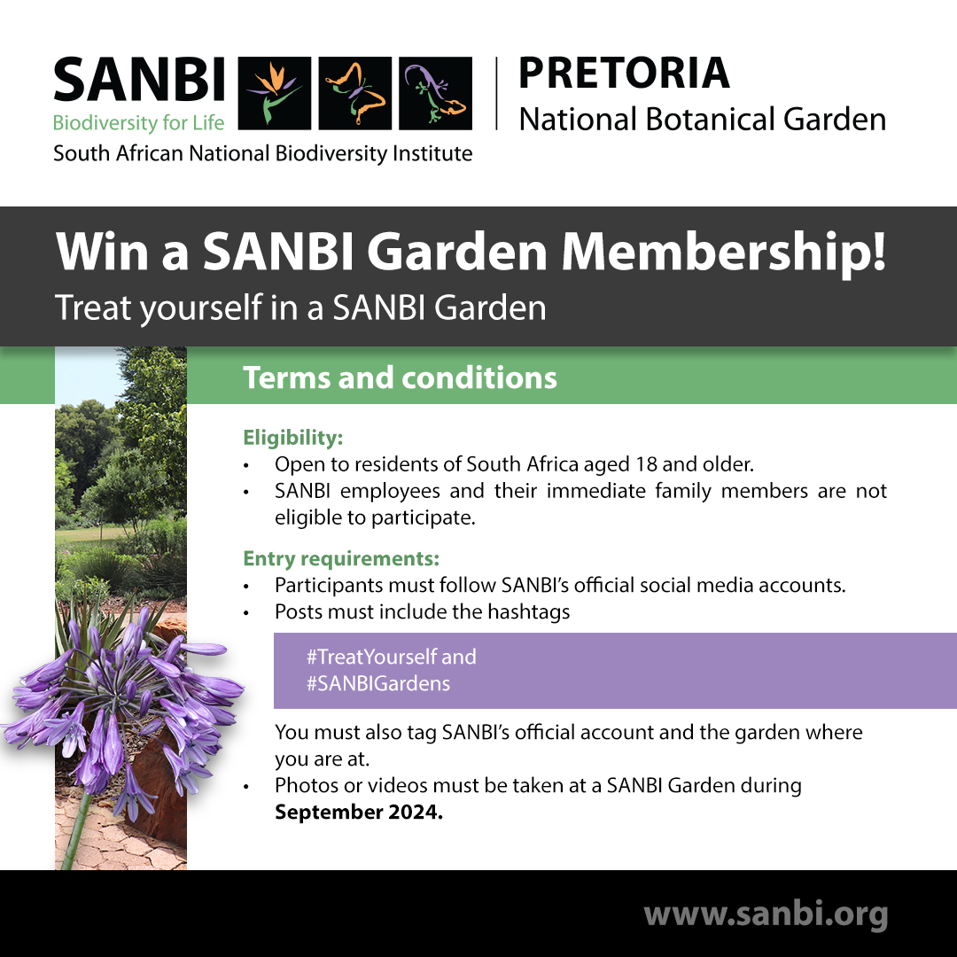 Please visit our garden and win big. One lucky winner at each SANBI garden will receive two SANBI Garden Memberships, giving them and a family member or friend unlimited access to all SANBI gardens for one year. Please see participation details below #TreatYourself #SANBIGardens