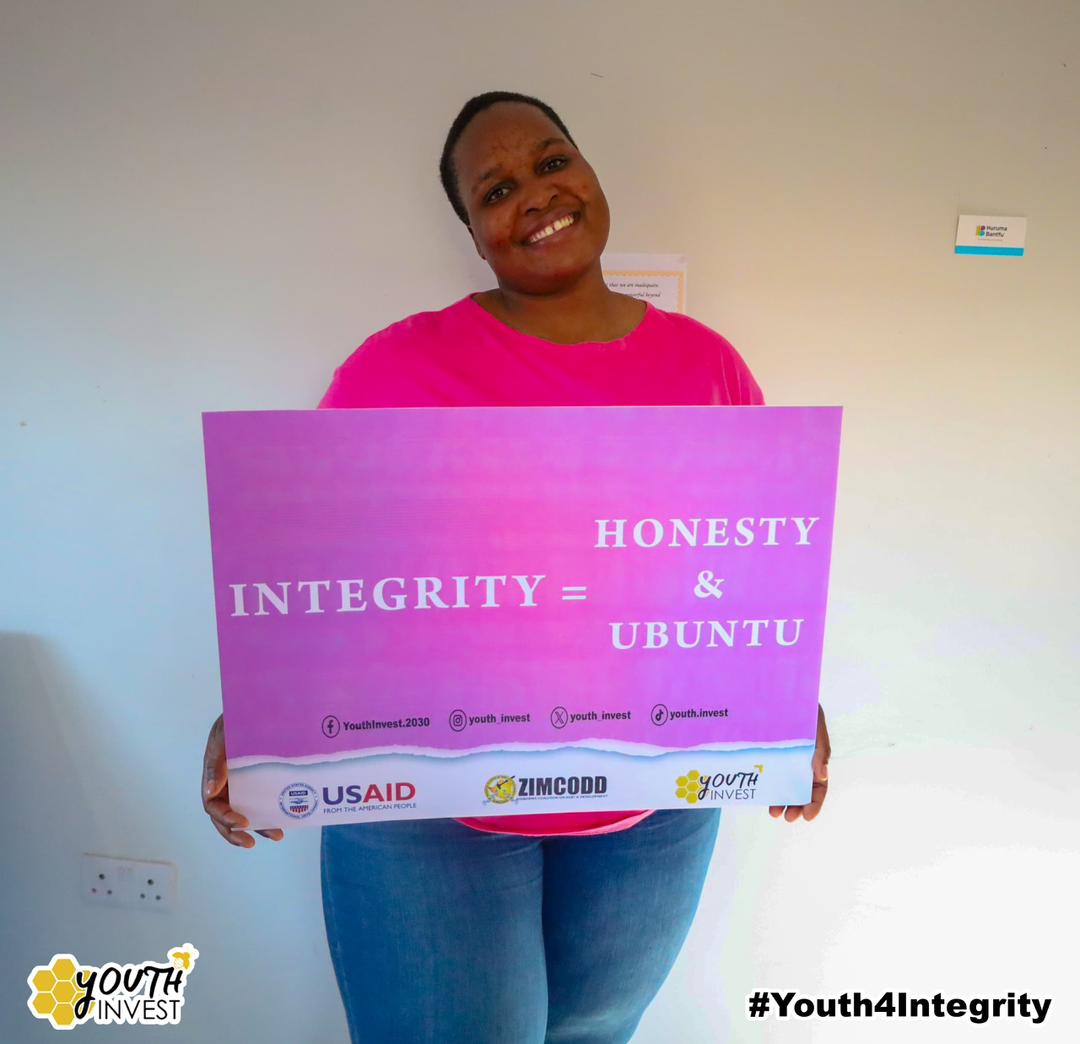 youth_invest's tweet photo. Meet our Integrity Coach Tapfuma Jennifer from Mkhosana Township in Victoria Falls.
She believes that Integrity is equivalent to Ubuntu and Honesty.
#youth4integrity
#siyacorruption https://t.co/BTv9B4sqPM