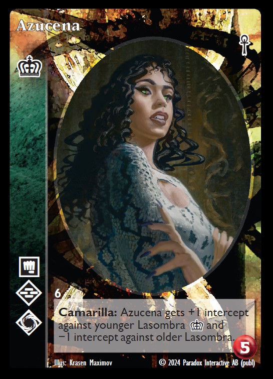 Black_Chantry's tweet photo. Azucena is a new crypt card in the upcoming Vampire: The Eternal Struggle Fifth Edition Lasombra preconstructed deck. Art by Krasen Maximov. Full deck list and all previews are at https://t.co/Y8fG1DyPA9 #vtes #vamily #worldofdarkness #lasombra https://t.co/K21rCq8gnf