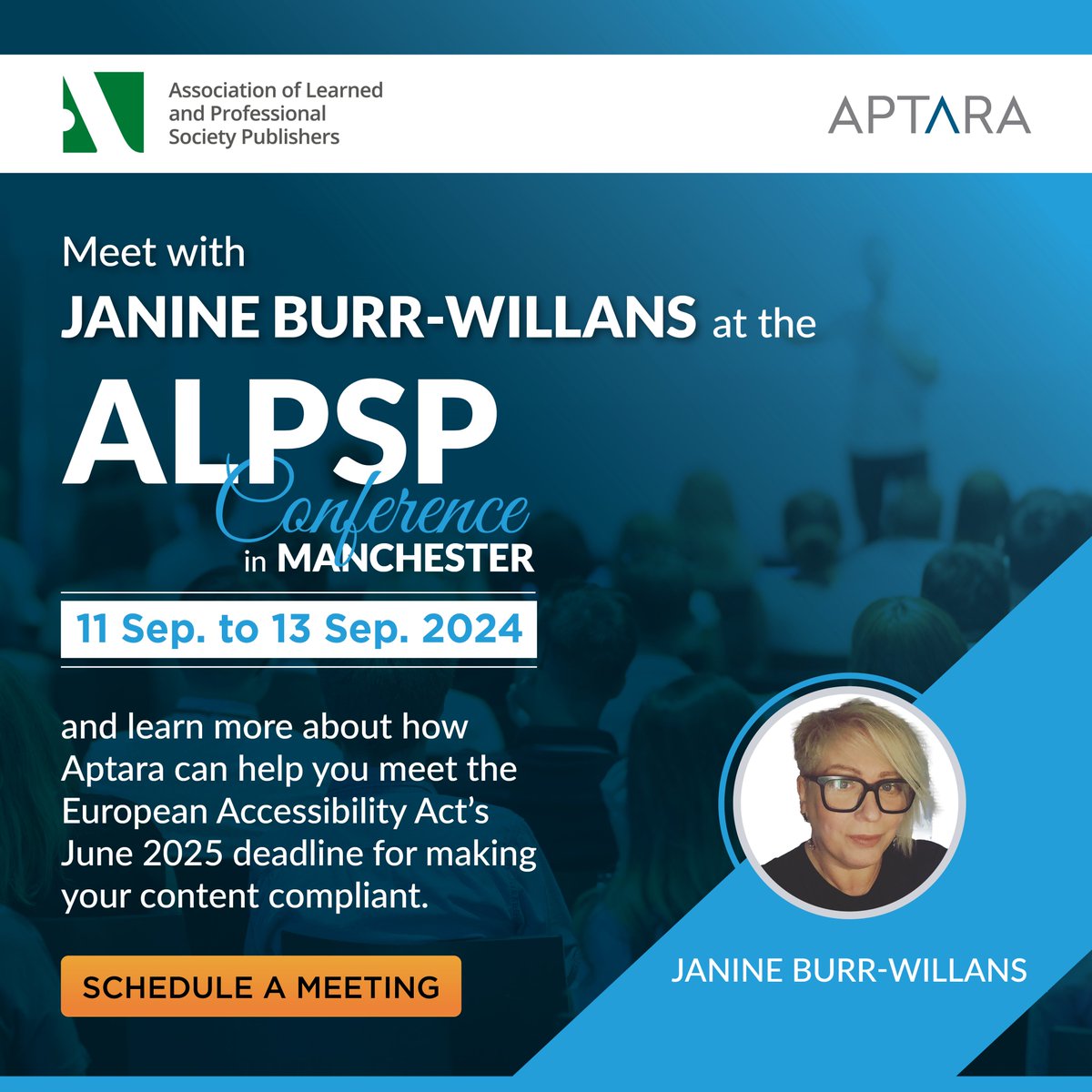 Aptara's tweet photo. Join us at the ALPSP Conference in Manchester! 🌍 Meet Janine Burr-Willans to discuss how Aptara can help you meet the European Accessibility Act's June 2025 deadline. 

#Aptara #ALPSP2024 #Accessibility #DigitalAccessibility #ContentCompliance #PublishingIndustry #LearningAndDev https://t.co/yvwZVEhlZu