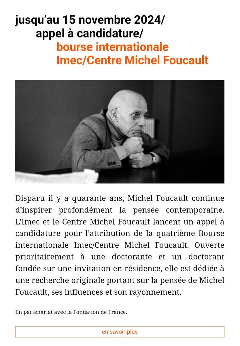 Si hay por ahí algún doctorando/a que esté trabajando sobre el pensamiento de #MichelFoucault, puede pedir una beca al <a href="/IMECArchives/">IMEC</a>. Los archivos son magníficos, el lugar ideal y las actividades culturales que oferta de muy alto nivel.😃😉