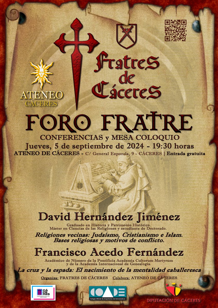 El próximo 5 de Septiembre de 2024, a las 19:30 horas, Fratres de Cáceres, en colaboración con el Ateneo de Cáceres, organiza y les ofrece dos nuevas conferencias y mesa-coloquio.
