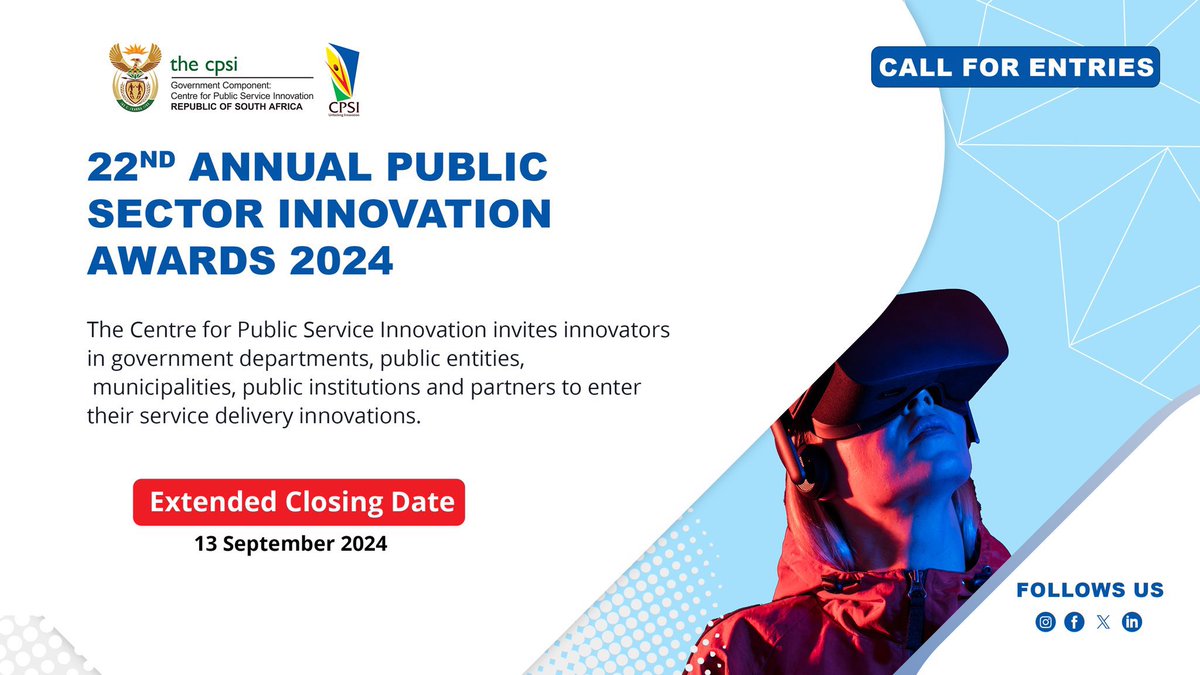 Enter today for the 22nd #PSIAwards2024 Date extended: 13 September 2024. You are encouraged to enter your innovative solutions solving service delivery challenges. Send your entry to: awards@cpsi.co.za 
 <a href="/thedpsa/">DPSA</a> <a href="/GEMSMEDICALAID/">Government Employees Medical Scheme</a> <a href="/thensgZA/">The National School of Government</a> <a href="/VukuzenzeleNews/">Vuk'uzenzele</a> <a href="/SALGA_Gov/">SALGA</a> <a href="/GCISMedia/">GCIS Media Liaison</a>
