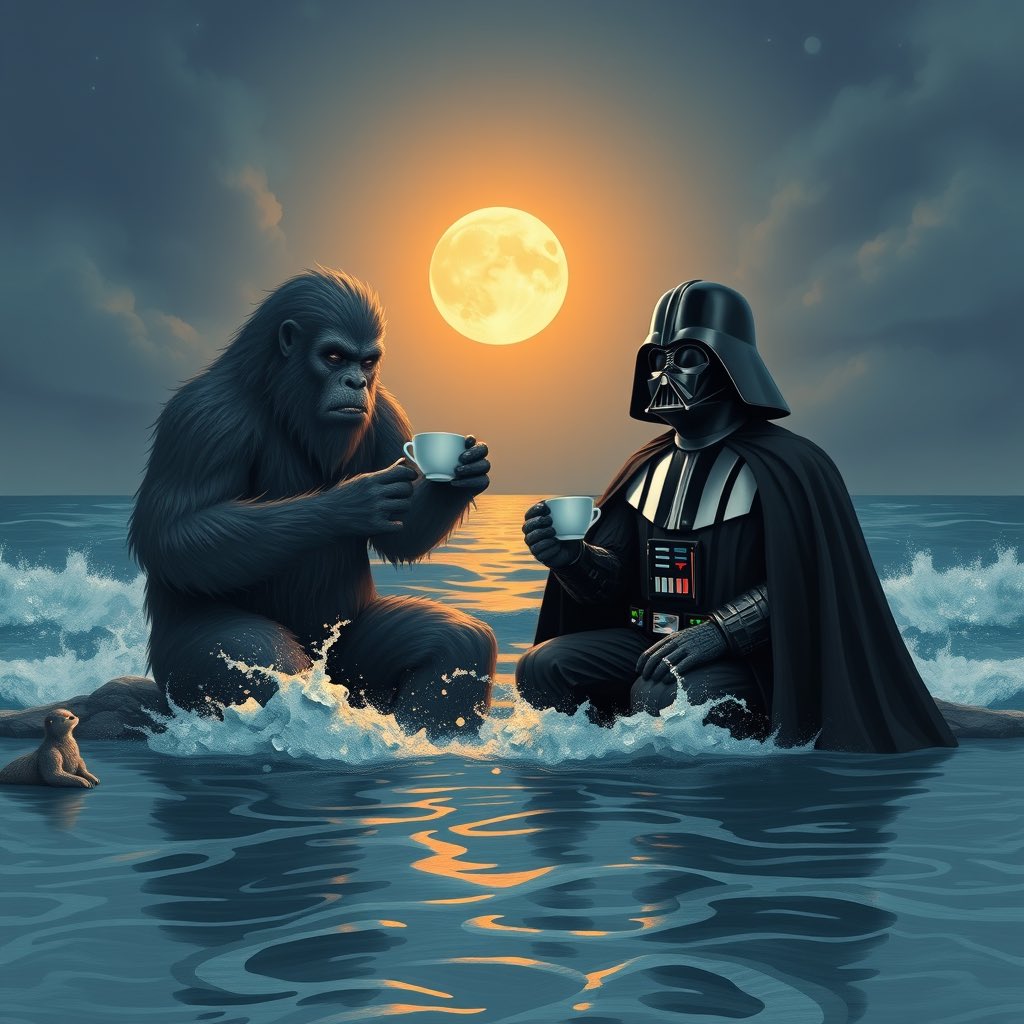 brentnunn's tweet photo. Darth Vader and Bigfoot share a cup of tea in Ai #aiart #darthvader #bigfoot #sasquatch #tea #gencraft #dreamai https://t.co/oQIPvhv8Gb