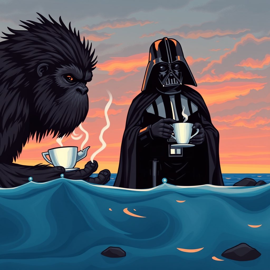 brentnunn's tweet photo. Darth Vader and Bigfoot share a cup of tea in Ai #aiart #darthvader #bigfoot #sasquatch #tea #gencraft #dreamai https://t.co/oQIPvhv8Gb