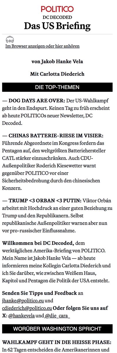 Happy birthday DC Decoded! <a href="/HankeVela/">Jakob Hanke Vela</a> &amp; <a href="/die_cara_/">Carlotta Diederich</a> haben heute um 6 Uhr die erste Ausgabe unseres werktäglichen 🇺🇸 Briefings von <a href="/POLITICOEurope/">POLITICOEurope</a> verschickt. Ich freue mich sehr - natürlich auch über euer Feedback hier, per DM und alle anderen Kanäle 🥂👇 politico.eu/article/us-wah…