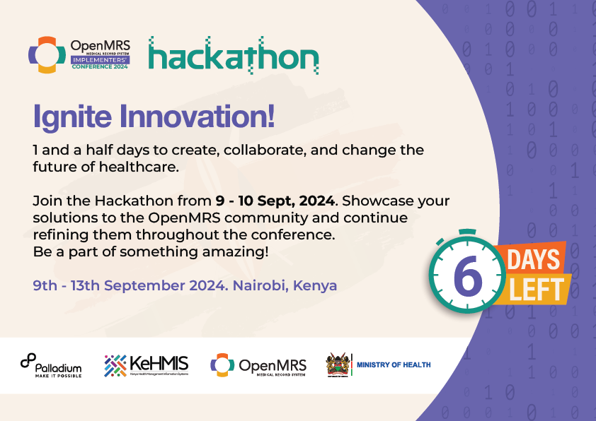 Only 6 days to go until the 2024 OpenMRS Global Implementers' Conference, featuring the #OMRS24 Hackathon!

The hackathon will provide a unique opportunity for #OpenMRS community members to collaborate and enhance their coding skills.

Learn more: openmrs.atlassian.net/wiki/spaces/RE…