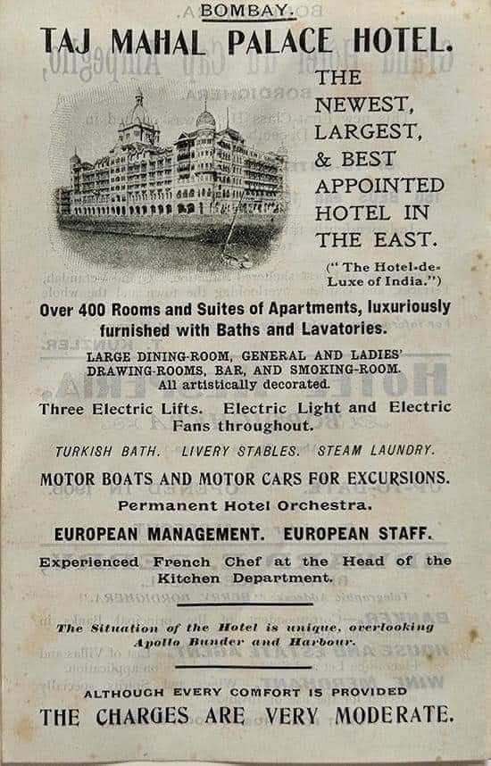 CardsandKeys's tweet photo. Taj Hotel, Bombay was inaugurated on 16th December 1903. Room rate was Rupees 6/- per day for a double room.
This advert was published in 1907.👇

Features :-

3 Electric Lifts
Electric lights
Electric Fans
Turkish Bath
Livery Stables 
Steam Laundry 

*European Management 
*European Staff

#Victorian
#Legacy
