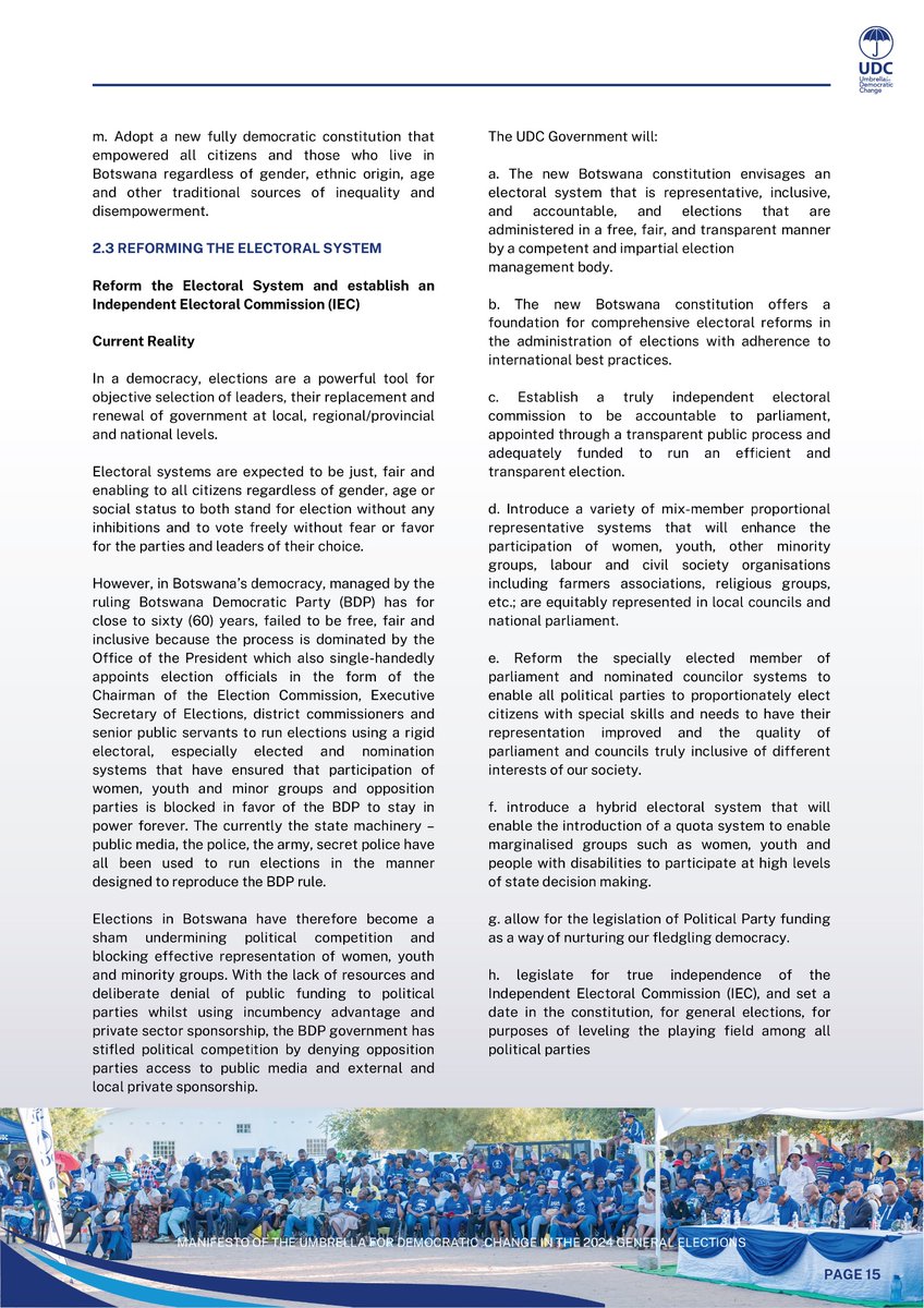 Together with yourselves, we’ll drive a constitutional review focusing on:

- Separation of Powers
- Establishing a Human Rights Commission
- Empowering Parliament
- Ensuring oversight bodies report to Parliament, not the President

#UDCforGovernance  
#DibelaTlhopho  
#VoteUDC