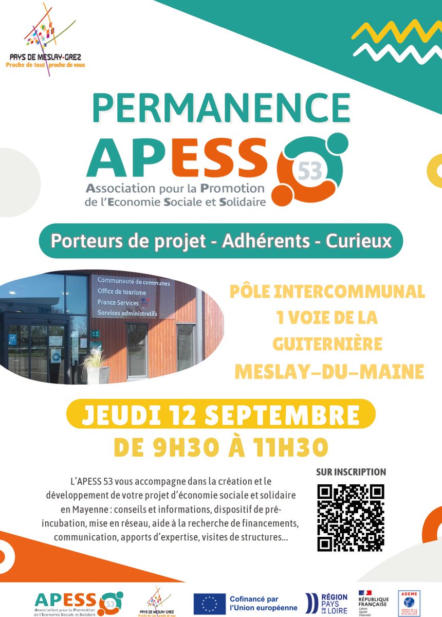 Prochaine permanence  sur  la Communauté de communes du Pays de Meslay-Grez le 12 septembre à #MeslayDuMaine

Inscription ➡️ framaforms.org/permanence-mes…

#ESS #innovationsociale #economiecirculaire #transitionecologique #Mayenne