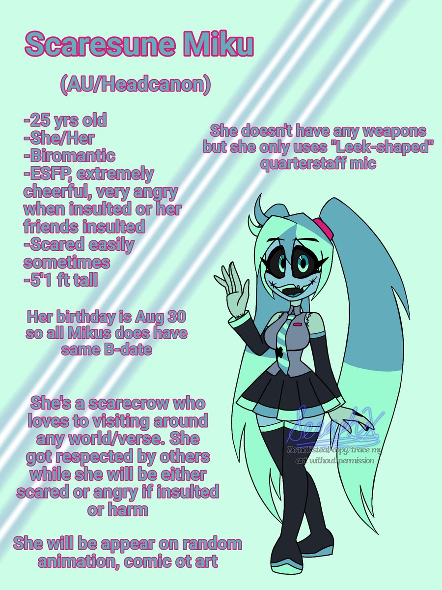 SeraphX2001's tweet photo. Late Happy Birthday to Hatsune Miku!
I finally make Scaresune Miku as my Mikusona. Since other have Demon Miku and different Mikus. So why not I will make my Mikusona as a scarecrow version.
#fypシ #ocart #HappyBdayMiku #HatsuneMiku #ScaresuneMiku #AUversion https://t.co/cS4hhE44zQ