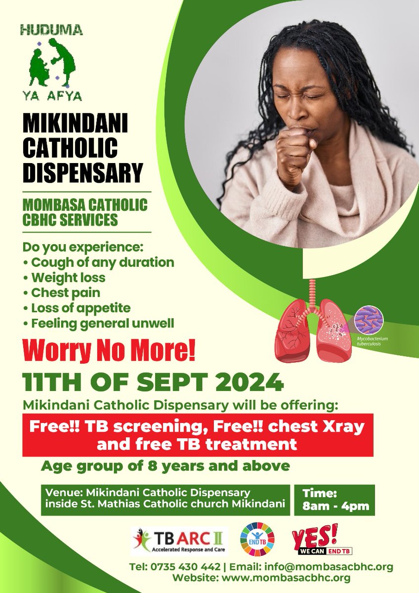 HMikindanicbhc's tweet photo. Welcome all and tell a friend to tell a friend. 11th September; FreeTB Screening, Free Chest Xray and Free TB treatment at Mikindani Catholic Dispensary .
#Servicetoall
#EndTB
@cherrylexly @kepro_ke @irck_info @USAIDKenya @UNICEF https://t.co/kPEs4mLCHH