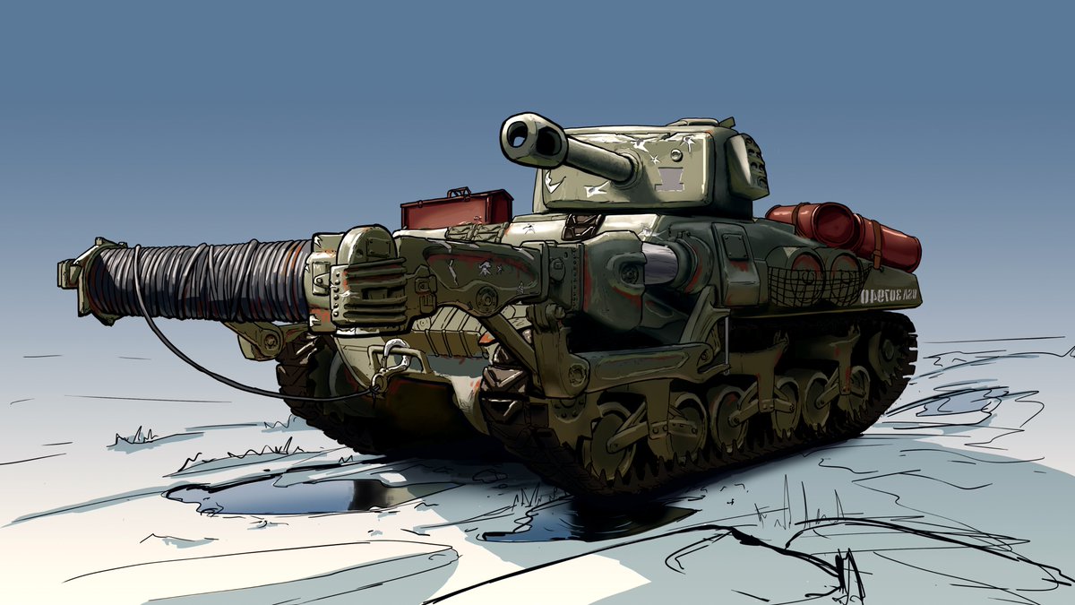After finishing my weapon, I decided to have a bit of fun by rendering an old concept of mine. It's a Mechanic Tank, used to pull stuck tanks and vehicles out of the mud. Getting the material of the painted cast iron is hard. Any tipps on that are welcome. artstation.com/artwork/LR90ek