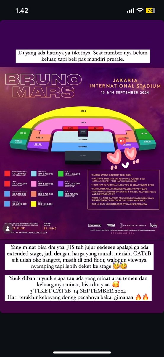 feelyoungg's tweet photo. bantu temen

WTS Bruno Mars Live in Jakarta Day 3 (14 September) 
 
📍3 Tiker Cat 6B
💵 sesuai harga beli (nego dikit 👌🏻)

wts wtb bruno mars https://t.co/H7lBMpoAKf