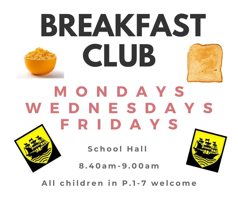Breakfast Club continues on Mondays, Wednesdays and Fridays, 8.40am-9.00am, in the School Hall. All children in P.1-7 are invited to attend. 

Thank you to school staff for volunteering to run the club, and Simpsons Bakers and Argos Stranraer for their ongoing donations.