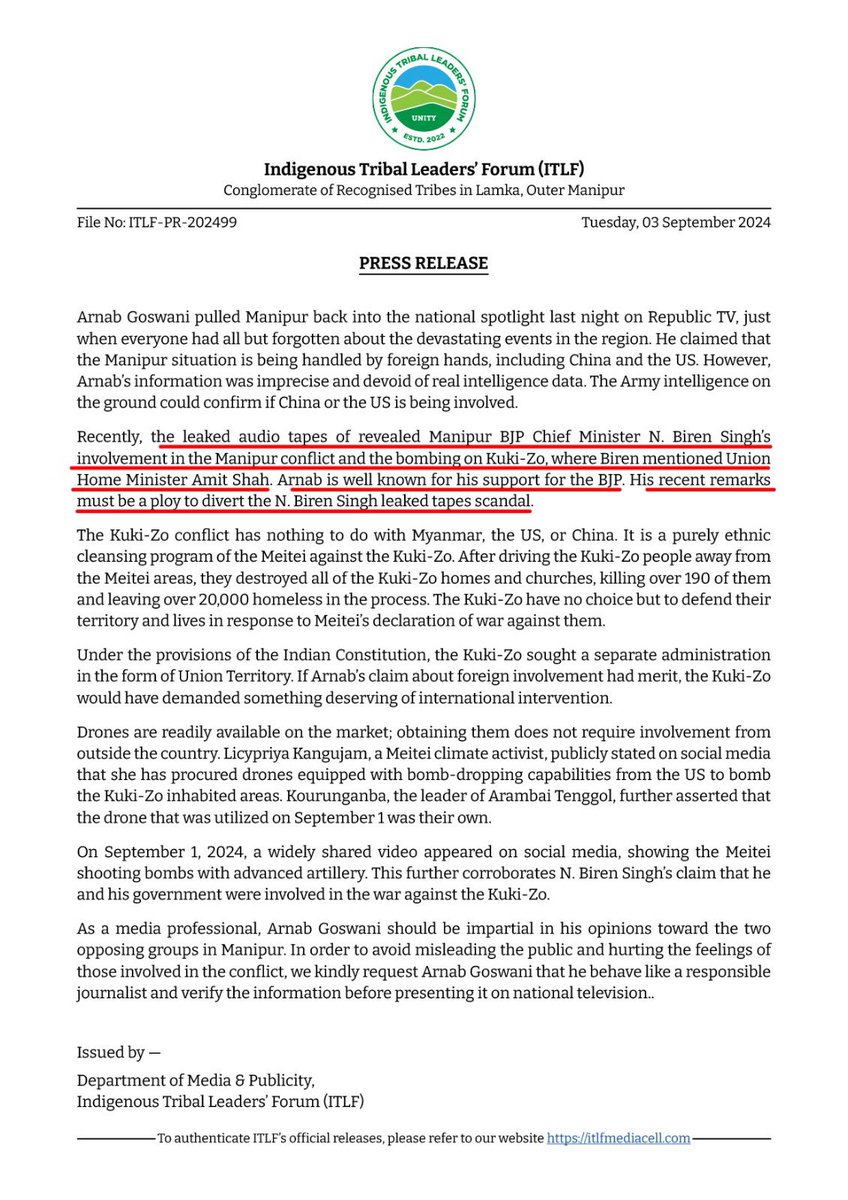 Nampi_Romeokuki's tweet photo. @ITLFMedia_Cell Press Release on @RealArnab_ statement - 03 September 2024
Unfortunate to learn that Goswami uses his intellect to stand up for criminals.
State-Sponsored Pogrom on Kuki-Zo is getting proven right every time a diversionary tactic is employed.

@HMOIndia @PMOIndia https://t.co/79YsvQAHV9