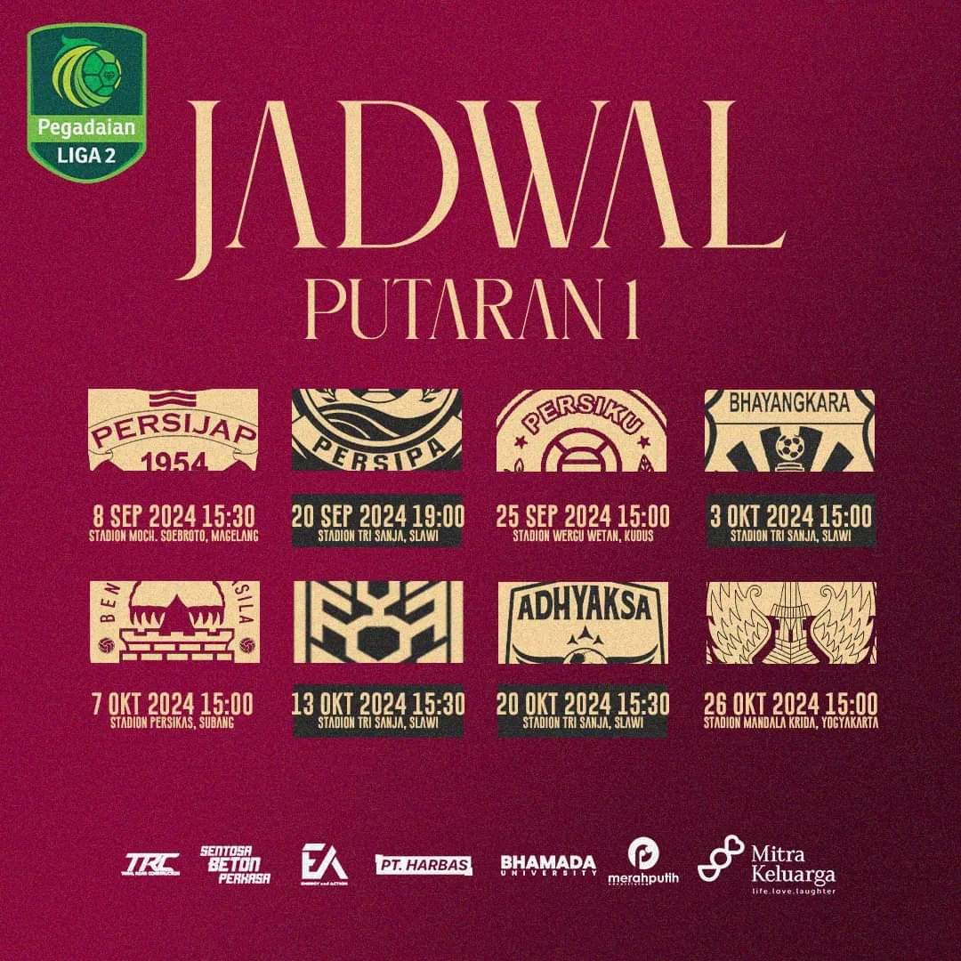 Waktu dan tempat laga di putaran pertama. Maksimalkan upaya! 🔥🔥🔥

*Jadwal dapat berubah sewaktu-waktu

#persekat #tegal #laskarkigedesebayu #bantengloreng #muladkan