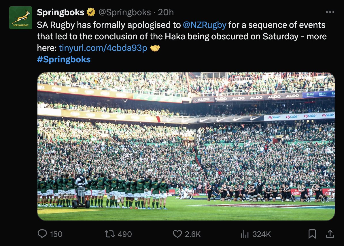 After SARU issued an apology to NZ rugby about the 'Haka disruption', I think we, as SA fans need to have a chat about basic matchday behaviours...
🧵