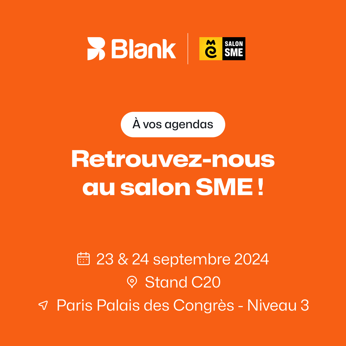 🔔Entrepreneurs : à vos agendas ! 🗓️
Retrouvez-nous au <a href="/SalonSME/">SalonSME</a> les 23 et 24 septembre.

📍Palais des Congrès - Porte Maillot - Paris
👉 Stand C20 - Niveau 3 
🎟️ Inscription gratuite : lnkd.in/exuEuvek
