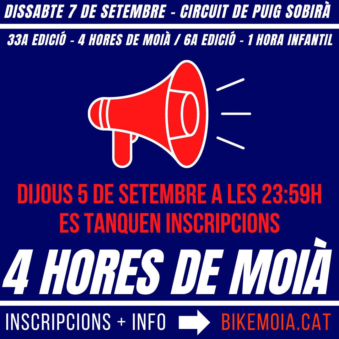 ⚠️ ATENCIÓ ⚠️

➡️ El proper dijous 5 de setembre a les 23:59h es tanquen les inscripcions

➡️ No hi haurà opció d’inscriure’s el mateix dia

Així doncs, afanyeu-vos a inscriure’us abans que s’acabin les places que son limitades a:

👉🏻bikemoia.cat