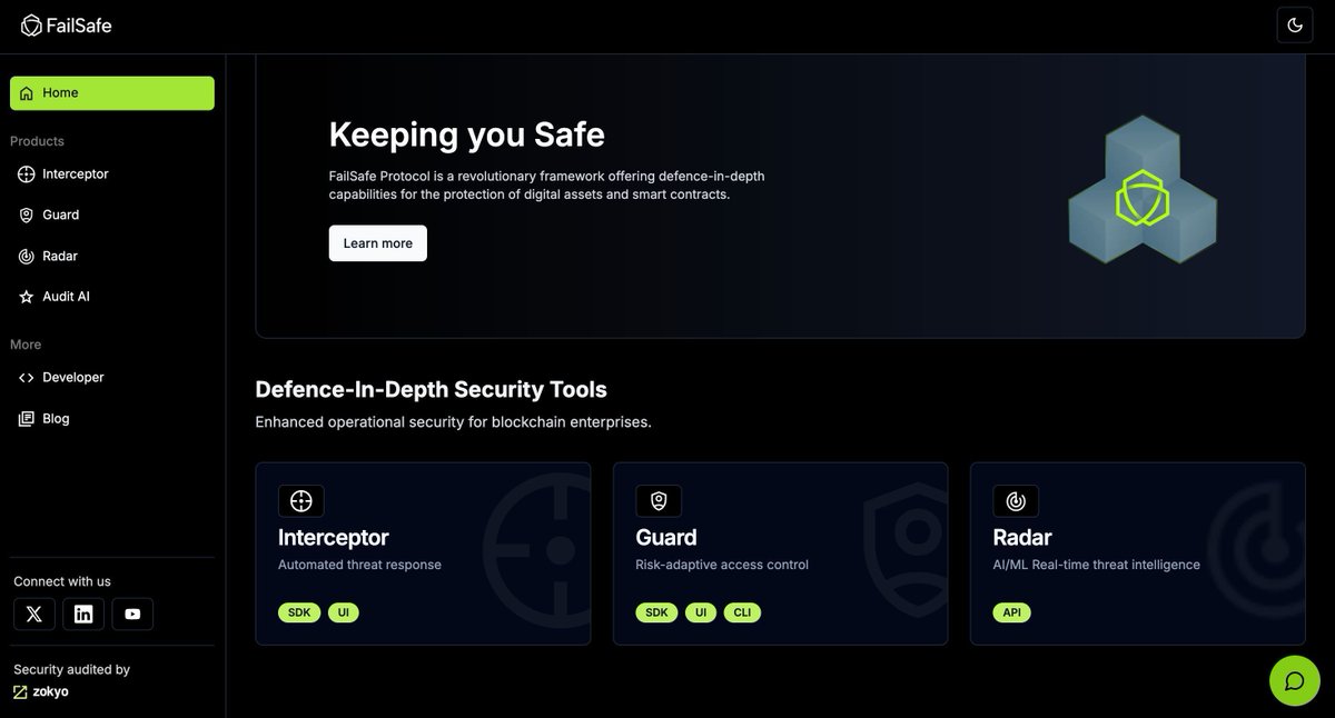 Say hello to the new face of blockchain security 🛡️

FailSafe now features a fresh UI, a powerful Audit AI engine, a fully integrated chatbot, and your personal favourite: Dark Mode!

Don't just admire it—give it a spin now!

Visit app.getfailsafe.com to get started.