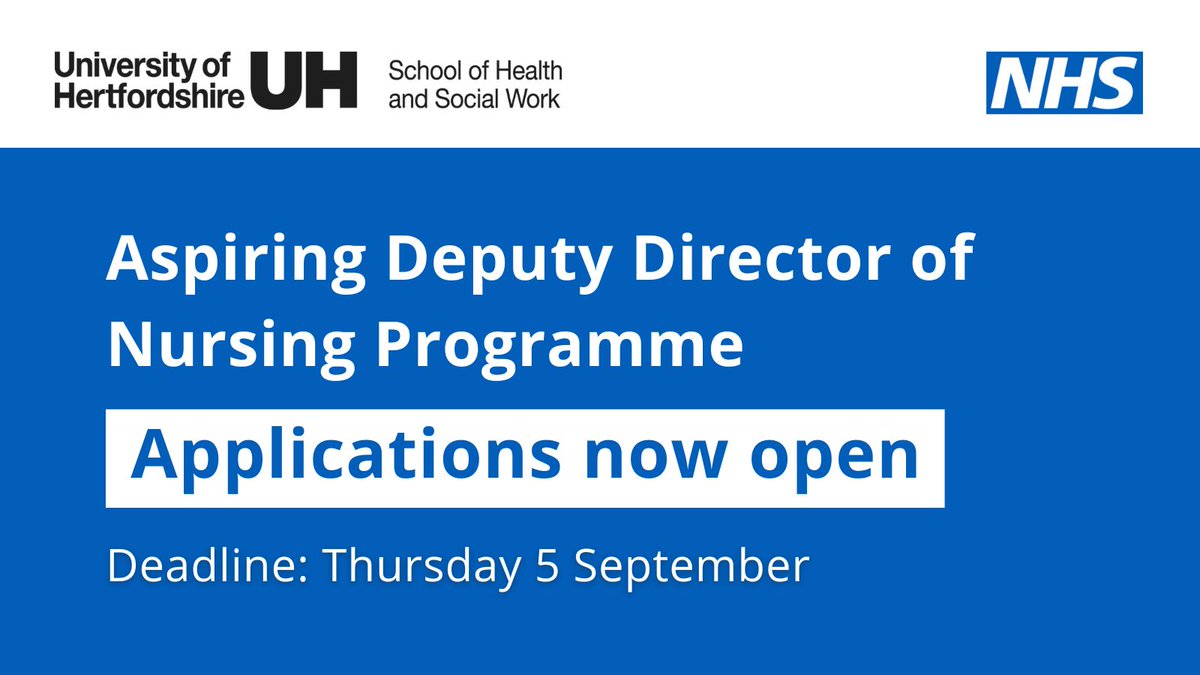 There's still time to apply for cohort 12 of the Aspiring Deputy Director of Nursing programme.

It supports nurses in band 8b or 8c roles to explore their potential and enhance their understanding of their impact as leaders. Find out more. ⬇️ #teamCNO 

applycpd.com/HERTS/courses/…