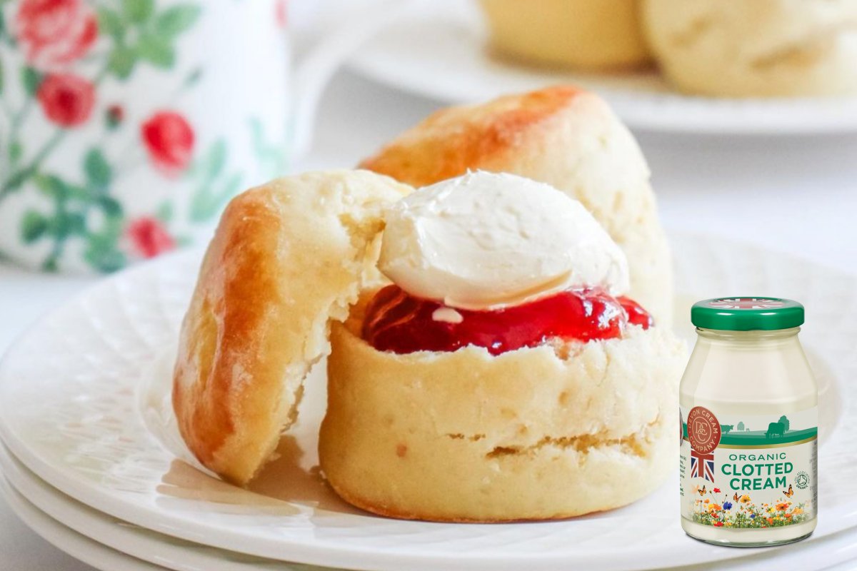 DevonCreamCo's tweet photo. Our organic clotted cream is silky smooth, indulgently creamy &amp; deliciously thick. The essential ingredient to a traditional English cream tea. 

Why not also try with fresh strawberries, berries or on pies as an indulgent alternative to whipped cream. 🍓

#ClottedCream #British https://t.co/UwXj4xaceK