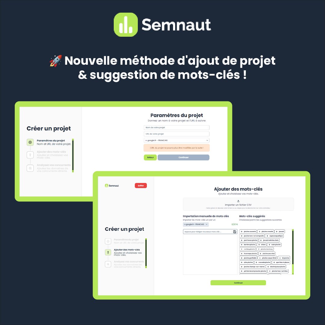 🚀 Mise à jour du 01/09/2024 : Simplifiez la gestion de vos projets !

Nous avons amélioré le processus d'ajout de projet pour le rendre encore plus intuitif et efficace. 🎯

📌 Nouvelle méthode en 3 étapes :
1️⃣ Nom &amp; site du projet
2️⃣ Mots clés : Suggestions désormais