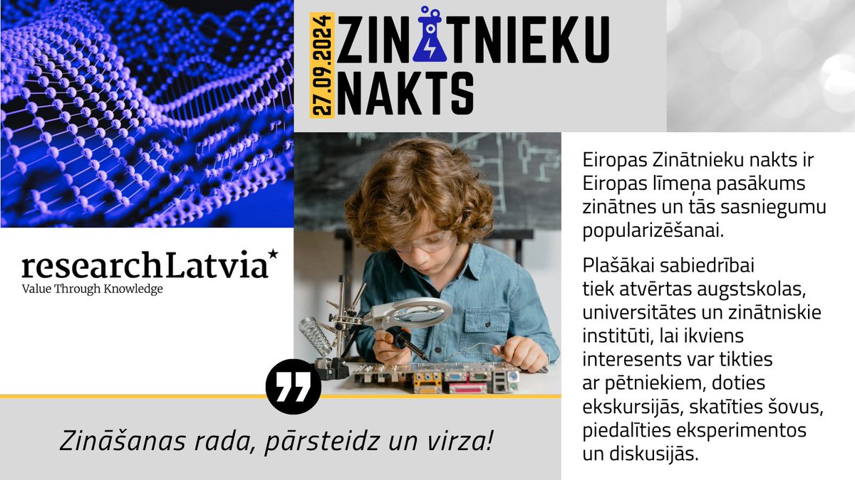 zinatkongress's tweet photo. ✨Aizraujoši eksperimenti, tehnoloģiju izmēģinājumi un meistarklases – viss 27. septembrī Eiropas Zinātnieku naktī! Nāc un satiec zinātniekus,  kuri iedvesmos Tevi nākotnes atklājumiem! 

🔗Vairāk: https://t.co/CbvRXCPHjg #ZinātniekuNakts #SatiecZinātniekus #ZinātneIrSpēks https://t.co/rm4BpA9iKN