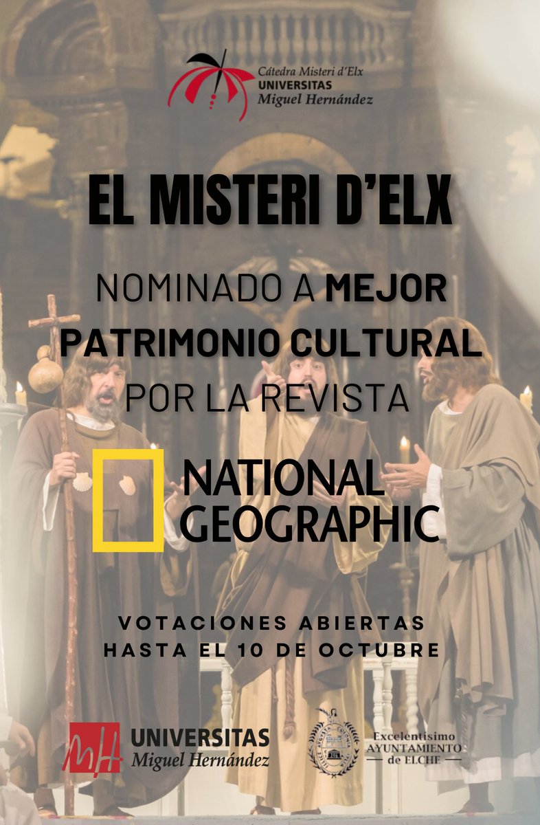 🥳¡¿Sabías que el Misteri d'Elx ha sido nominado a mejor patrimonio cultural por la revista National Geographic?!

📍Mediante este enlace puedes votar: historia.nationalgeographic.com.es/a/misterios-el…