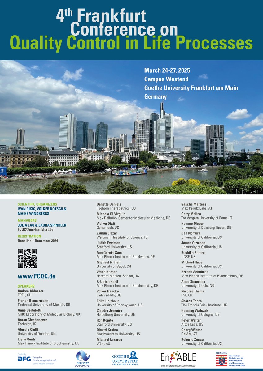 sfb1177's tweet image. #FCQC2025: Registration open fcqc.de
Join us for a high-caliber line-up of talks on quality control mechanisms & networks, the interplay of autophagy & ubiquitin in health & disease, novel therapeutics using the ubiquitin system.
#proteostasis #autophagy