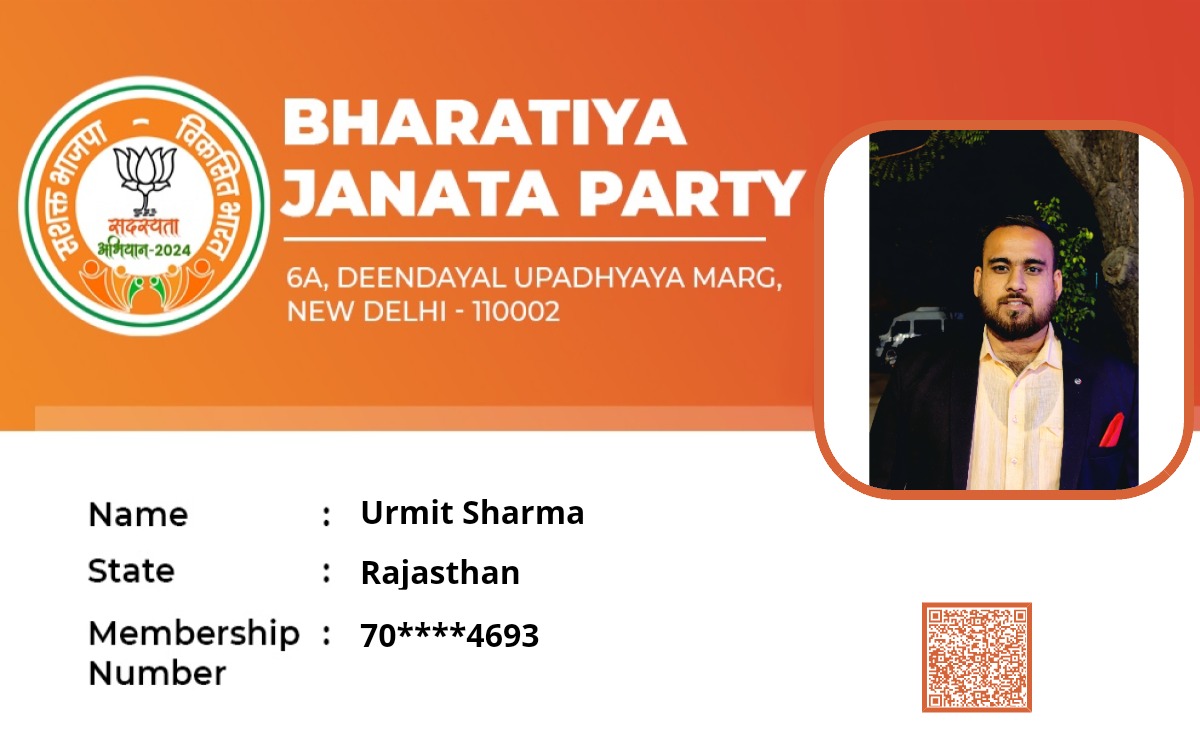 Urmit_Sharma_'s tweet photo. भाजपा के राष्ट्रीय सदस्यता अभियान- 2024 के अन्तर्गत मैंने भी पुनः सदस्यता ली।
आप भी सदस्यता हेतु 8800002024 पर मिस्ड-कॉल कर राष्ट्र के पुनर्निर्माण की यात्रा में सहभागी बनें। #BJPSadasyata2024
@BJP4Rajasthan @BJP4India @BhajanlalBjp @DevendraSalecha https://t.co/X00xbjmwhR