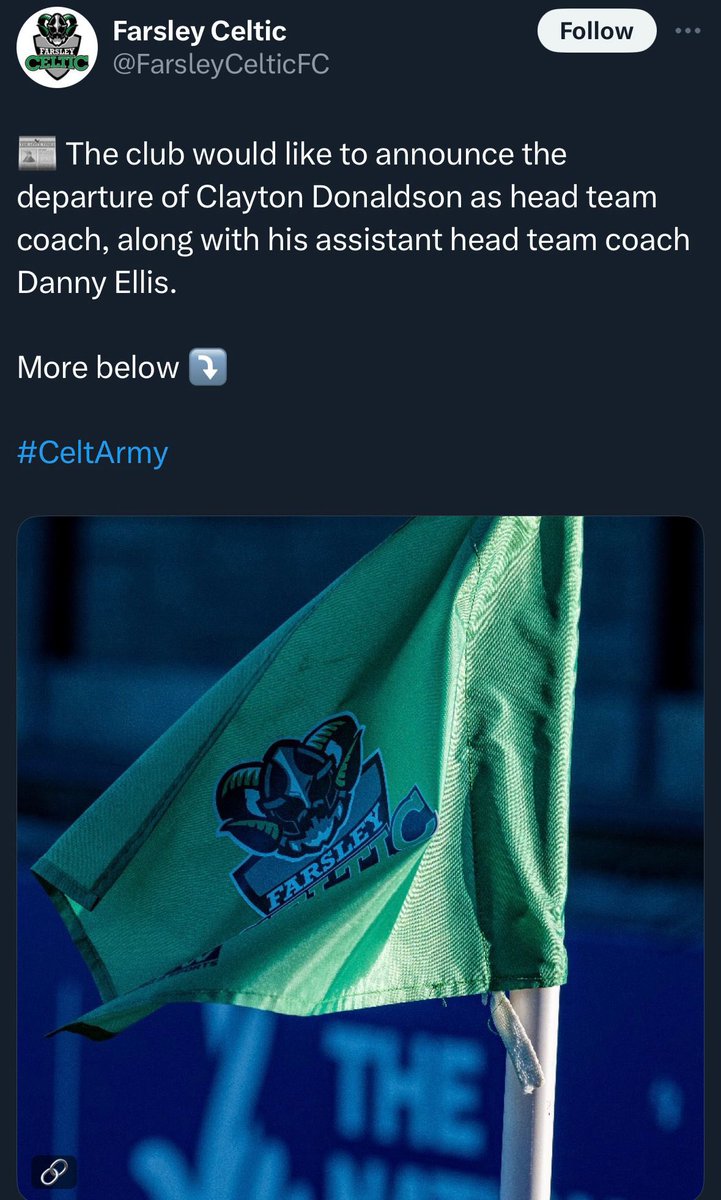 The wording of this statement could be better. We never like to sack a manager. At least Farsley have brought the Donaldson era to an end in style with this simple but moody SCF that brings to mind Picasso’s Blue Period.  7/10 #CeltArmy