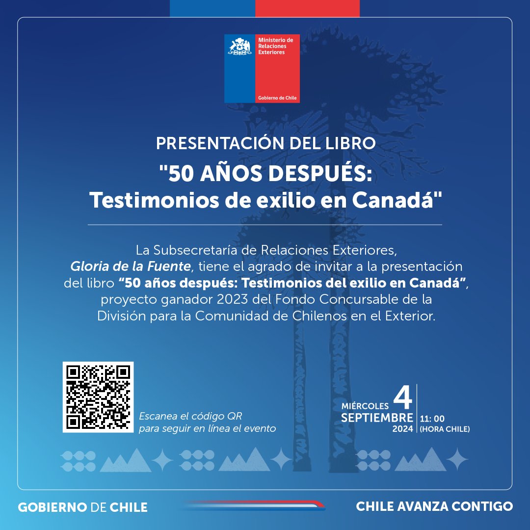 Te invitamos a seguir en línea la presentación del libro "50 años después: Testimonios de exilio en Canadá", ganador del Fondo Concursable DICOEX.

Fecha: Miércoles 4 de septiembre
11:00 hora Chile

Más información ➡️ bit.ly/3Z8wihl