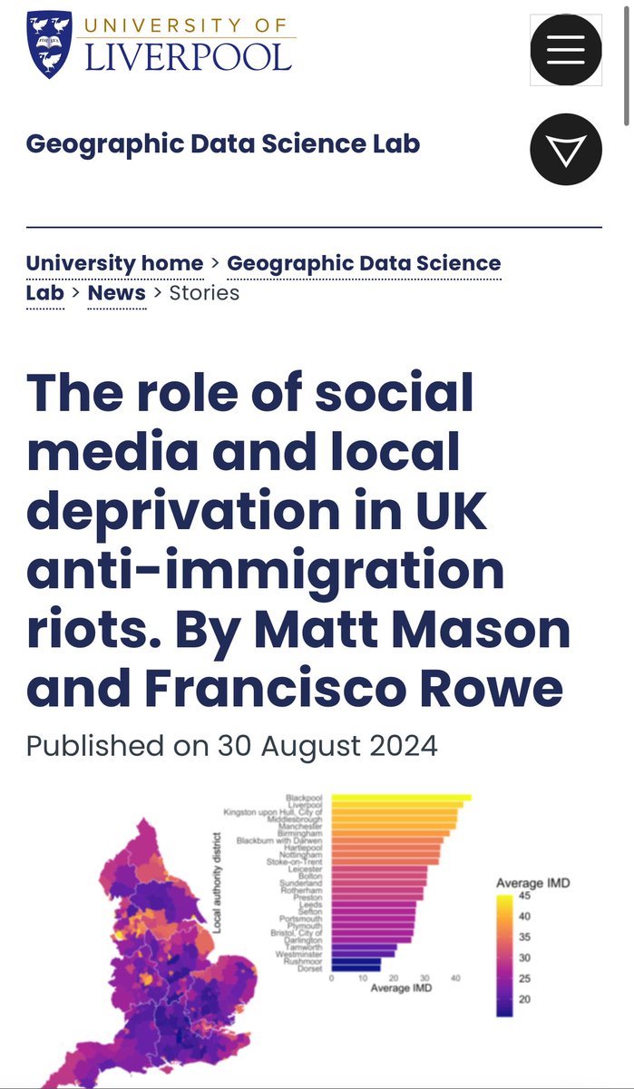 Francisco Rowe ✌️ (@fcorowe) on Twitter photo A few weeks ago, <a href="/mattgmasn/">Matt Mason</a> and I wrote a short piece dissecting some of main components of the recent riots in the #UK and how the relate to broad technological and social-economic factors, esp. social media &long-term deprivation
Article 👉🏻 liverpool.ac.uk/geographic-dat… A few weeks ago, <a href="/mattgmasn/">Matt Mason</a> and I wrote a short piece dissecting some of main components of the recent riots in the #UK and how the relate to broad technological and social-economic factors, esp. social media &long-term deprivation
Article 👉🏻 liverpool.ac.uk/geographic-dat…
