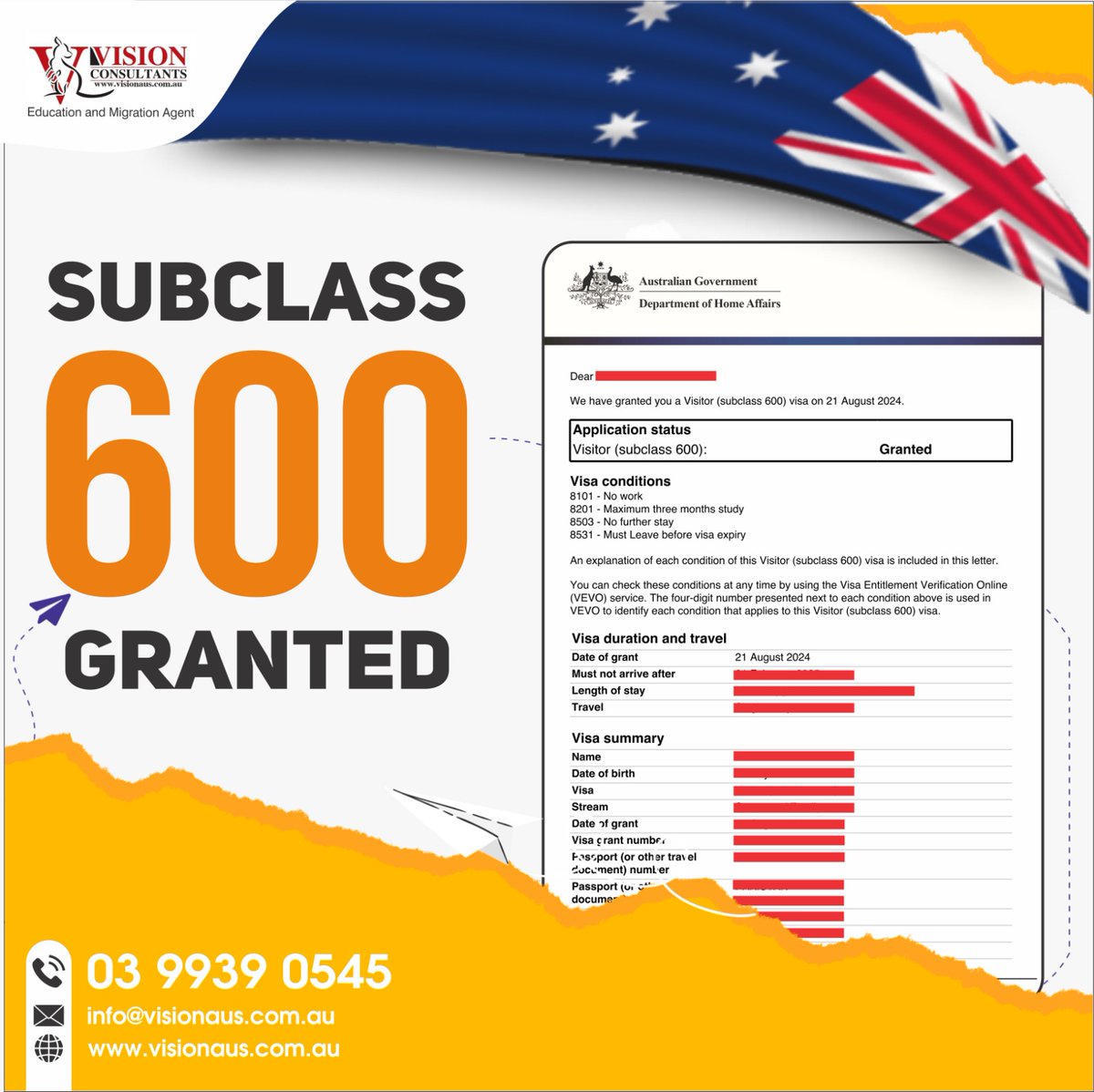 Visionaus's tweet image. Congratulations to our client for successfully receiving 𝐒𝐔𝐁𝐂𝐋𝐀𝐒𝐒 𝟔𝟎𝟎!
We wish you all the best in your future endeavors. Thanks for trusting our team!

Call us at: 03 9939 0545
#VisitorVisa #visagranted #subclass600granted #VisionConsultants #HappyClients #visaexperts