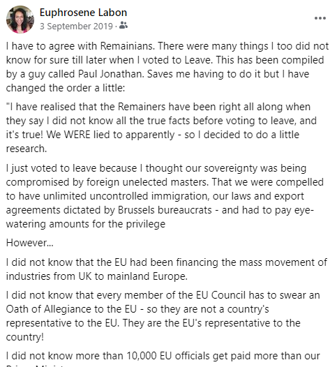 euphrosene's tweet image. Facebook Memories remind me of a post on #VotingLeave but not knowing what I voted for. Here it is.

Do try and read it - especially the #Rejoin and #FBPE people.