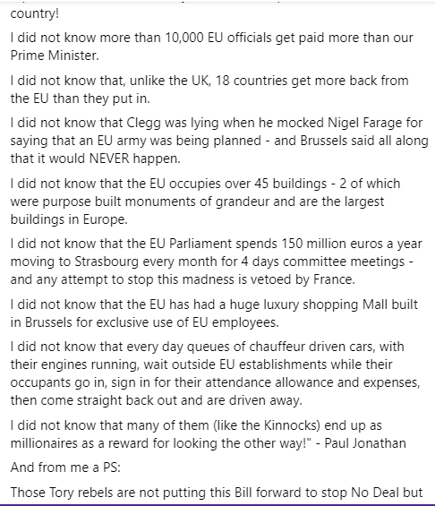 euphrosene's tweet image. Facebook Memories remind me of a post on #VotingLeave but not knowing what I voted for. Here it is.

Do try and read it - especially the #Rejoin and #FBPE people.