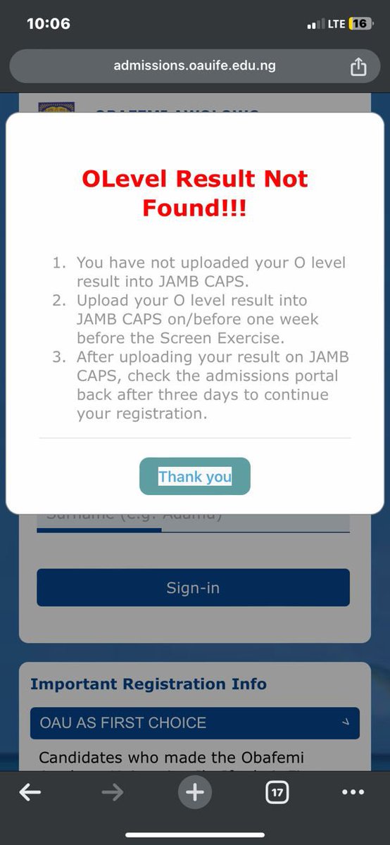 BoyZeez15166's tweet image. Please , kindly treat as urgent. I have been unable to register for Post-UTME for my chosen institution (OAU) as their portal keeps reading that my O’level result (which Is uploaded) can’t be found.  P-UTME reg closes sept. 4. My jamb no: 202441900187JF @JAMBHQ