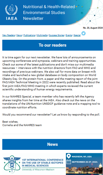UN_Nutrition's tweet image. 🧐Check out this rich newsletter📰 released by IAEA to learn about new databases (e.g. on #bodycomposition), advancements in #nutrition assessment (e.g. protein quality) &amp;amp; events, incl. how they are helping countries tackle nutrition issues like #obesity
👉bit.ly/3Tf27Sd
