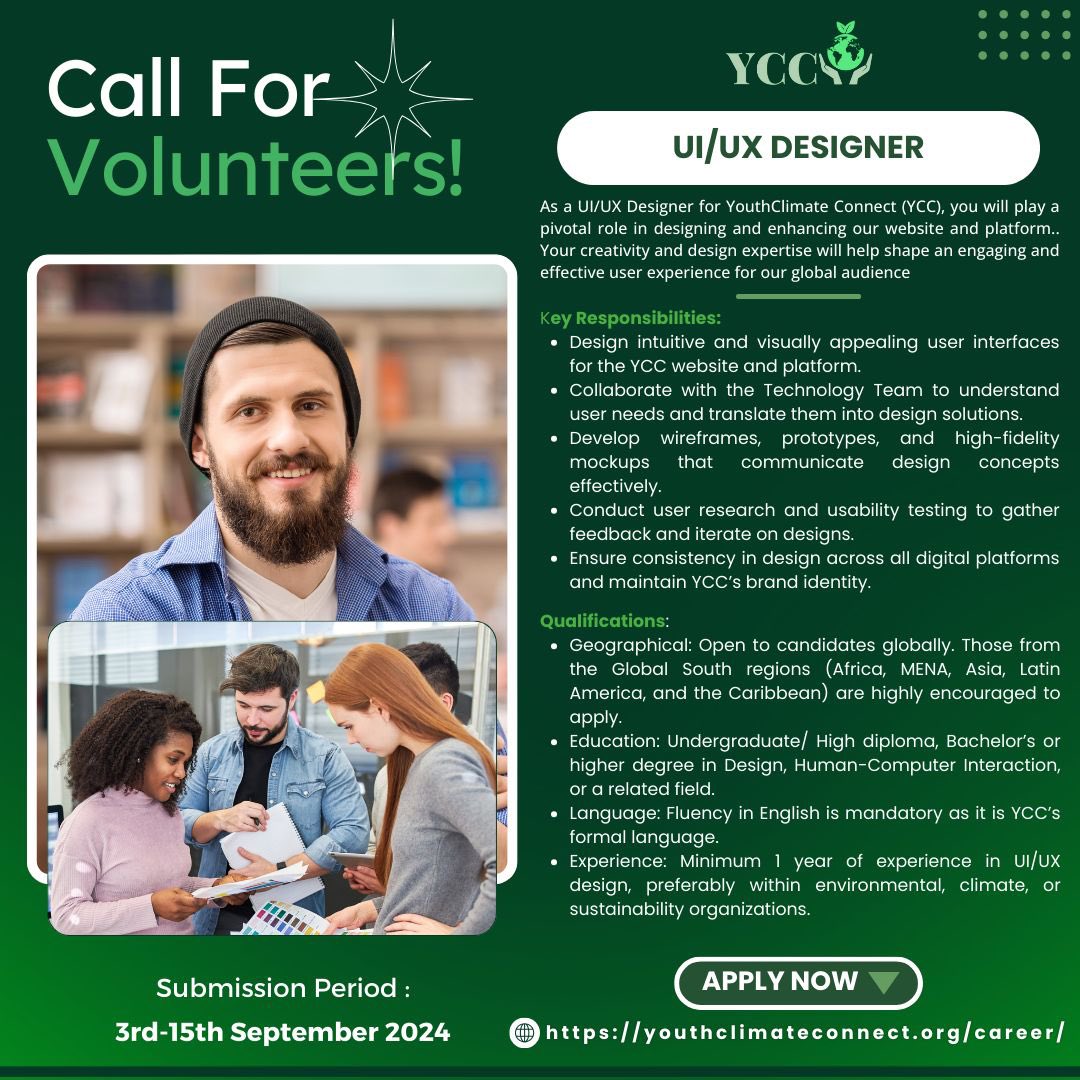Youth_Climate_C's tweet photo. YCC is expanding its team and you can be part of this growing community 
Join us as one of our formidable volunteer leading climate as a UI/UX Designer.

Applications are open now until the 15th September, 2024

For more information and to apply, visit our website: https://t.co/lNxvAGSsS5