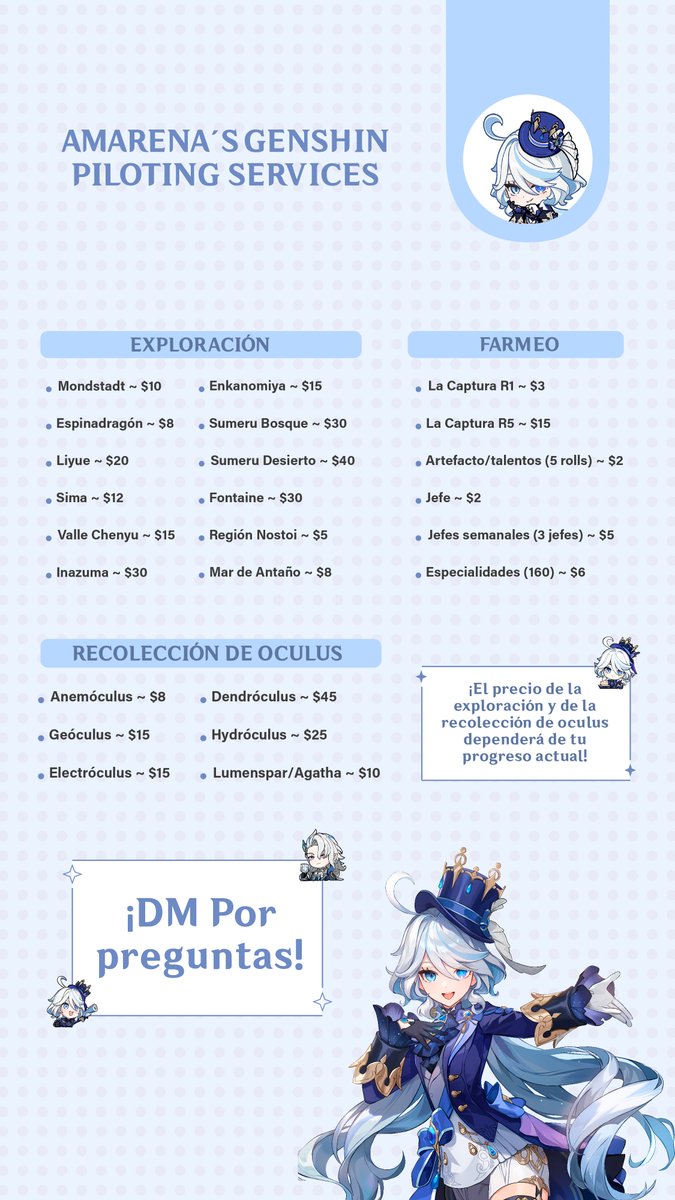 AmarenaCg's tweet photo. ¡Hola a todos! Dejaré fijado mis servicios de manejo de cuenta de Genshin para aquellos jugadores que necesiten ayuda y/o no tengan tiempo para hacer el contenido del juego 💕 Consultas al DM, hago ofertas personalizadas. English and spanish ✨

#GenshinImpact #GenshinNatlan https://t.co/nh4JvuSAdV