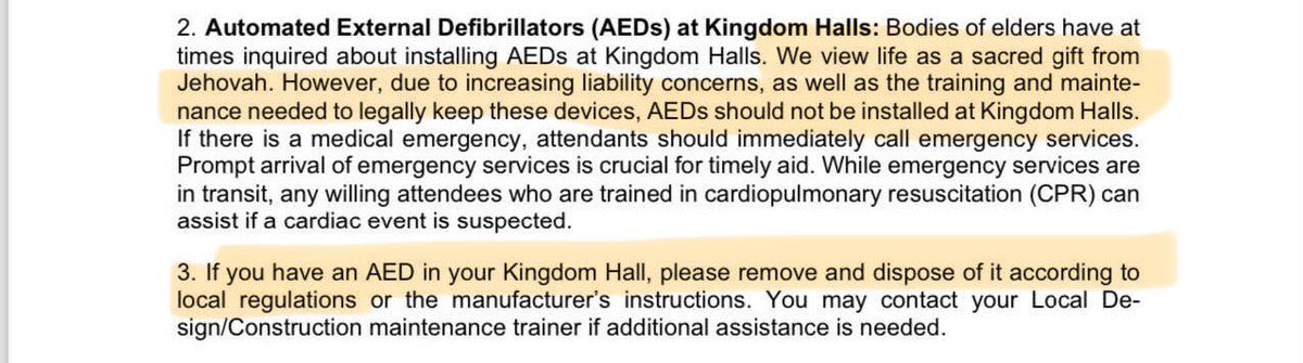 Jehovah’s Witnesses:   

Instructions to elders, to remove any AEDs installed in Kingdom Halls (their places of worship). <a href="/AP/">The Associated Press</a> <a href="/NBCNews/">NBC News</a> <a href="/CBSNews/">CBS News</a> <a href="/CNN/">CNN</a> <a href="/HuffPost/">HuffPost</a> <a href="/USATODAY/">USA TODAY</a> <a href="/NPRHealth/">NPR Health News</a> <a href="/washingtonpost/">The Washington Post</a> <a href="/nytimes/">The New York Times</a> 
<a href="/AmerMedicalAssn/">AMA</a> <a href="/USNewsHealth/">U.S. News Health</a> 
#cardiacarrest #cpr #AED #JW