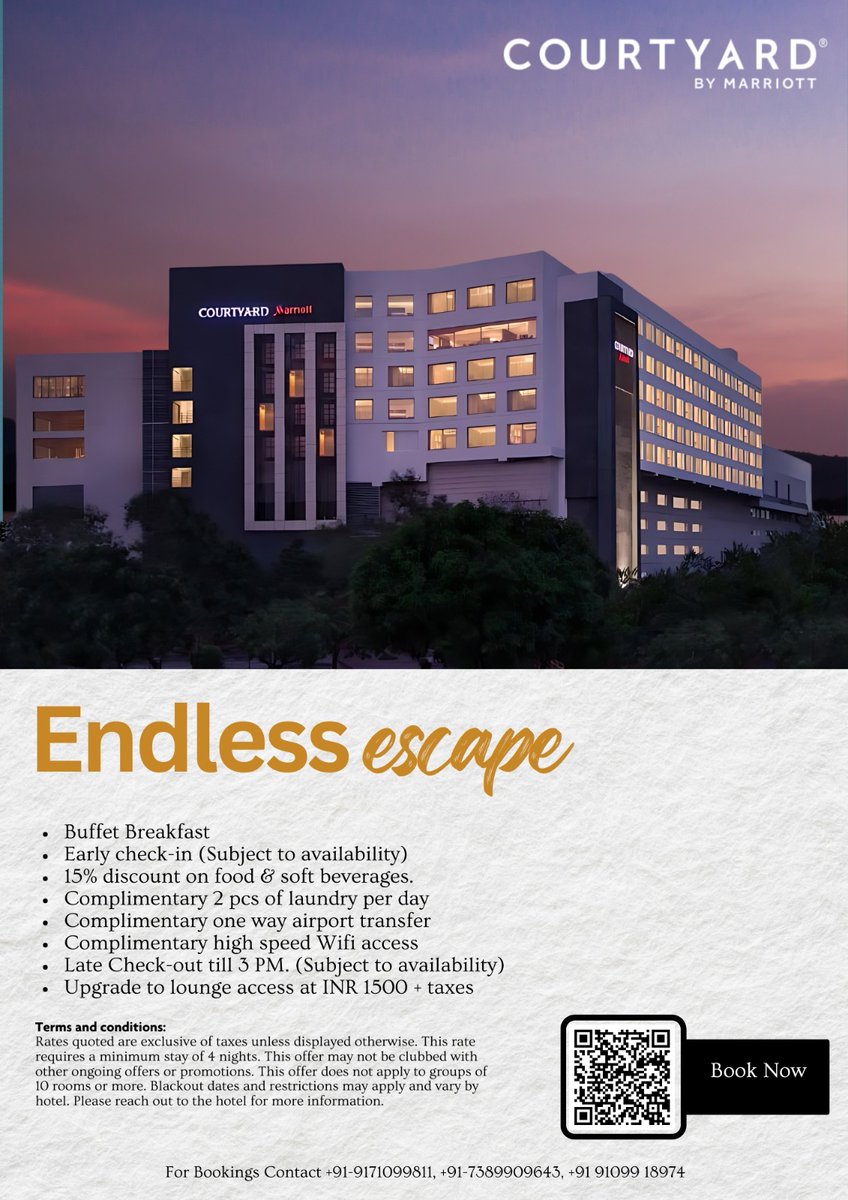 Unwind with our Endless Escapes package! 🛏️ Enjoy daily buffet breakfast, WiFi, early check-in, late check-out, laundry service, and a 15% discount on food &amp; drinks. Upgrade to Lounge Access for ₹1500+taxes. Stay 3 nights &amp; extend for just ₹100! T&amp;Cs apply. #EndlessEscapes